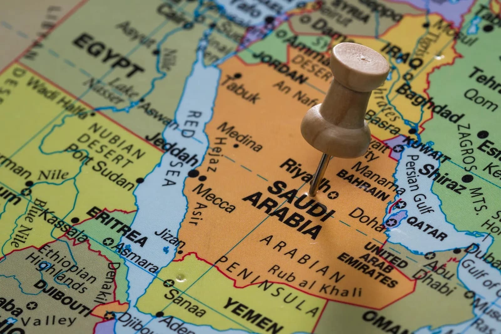 Saudi Arabia and neighboring Gulf countries on a map